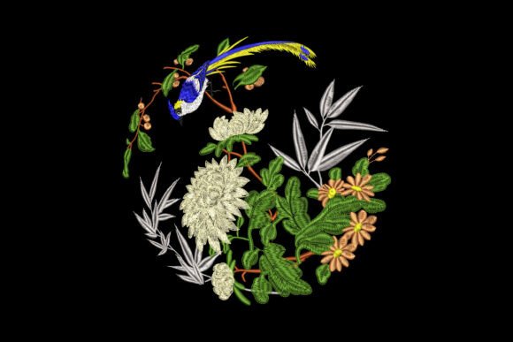 Chrysanthemums & Paradise Bird Embroidery